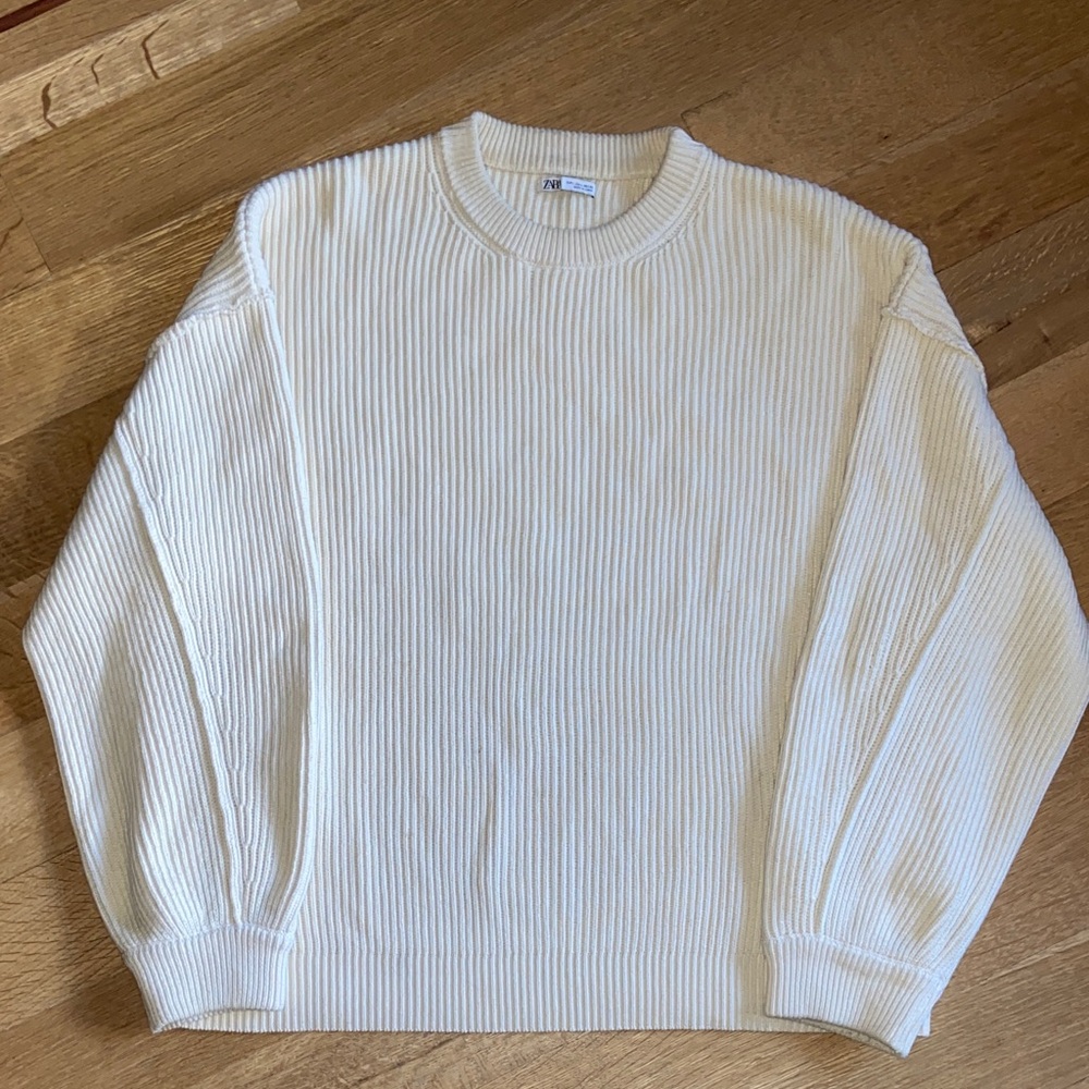 Men's Oversized Cream Rib Knit Crewneck Fisherman’s Sweater Soft Cotton Blend